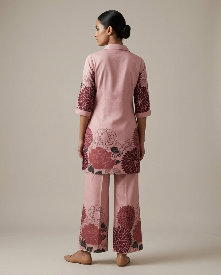 Blush Pink Floral Placement Print Cotton Co-Ord Set