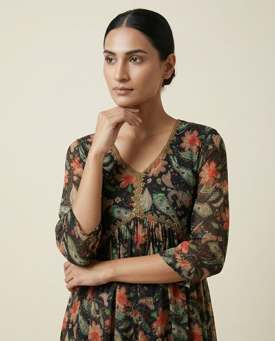 Black Floral and Paisley Printed Cotton Anarkali Kurta