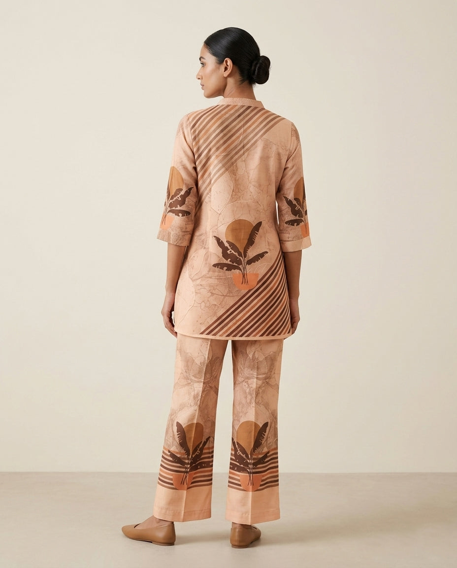 Sand Botanical Placement &amp; Striped Print Cotton Co-Ord Set