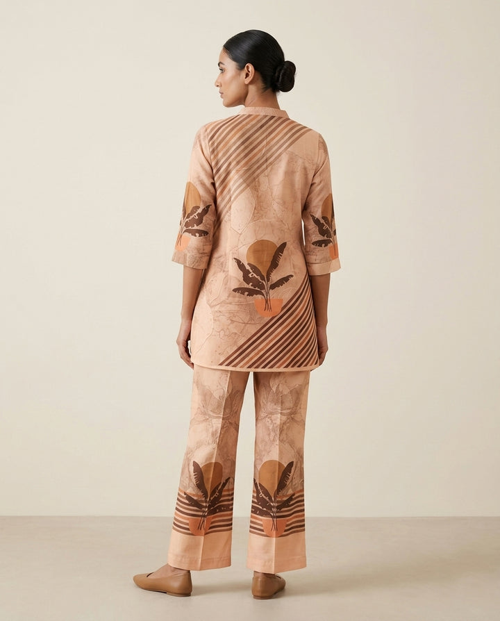 Sand Botanical Placement &amp; Striped Print Cotton Co-Ord Set