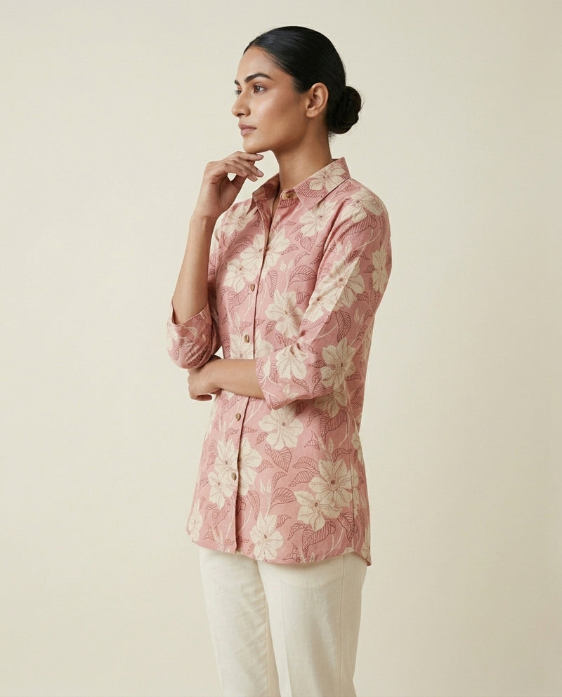 Elegant Dusty Rose Floral Shirt Tunic