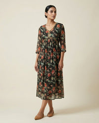 Black Floral and Paisley Printed Cotton Anarkali Kurta 1