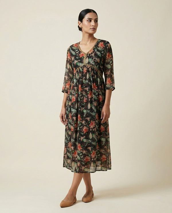 Black Floral and Paisley Printed Cotton Anarkali Kurta