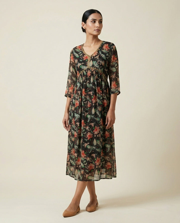 Black Floral and Paisley Printed Cotton Anarkali Kurta