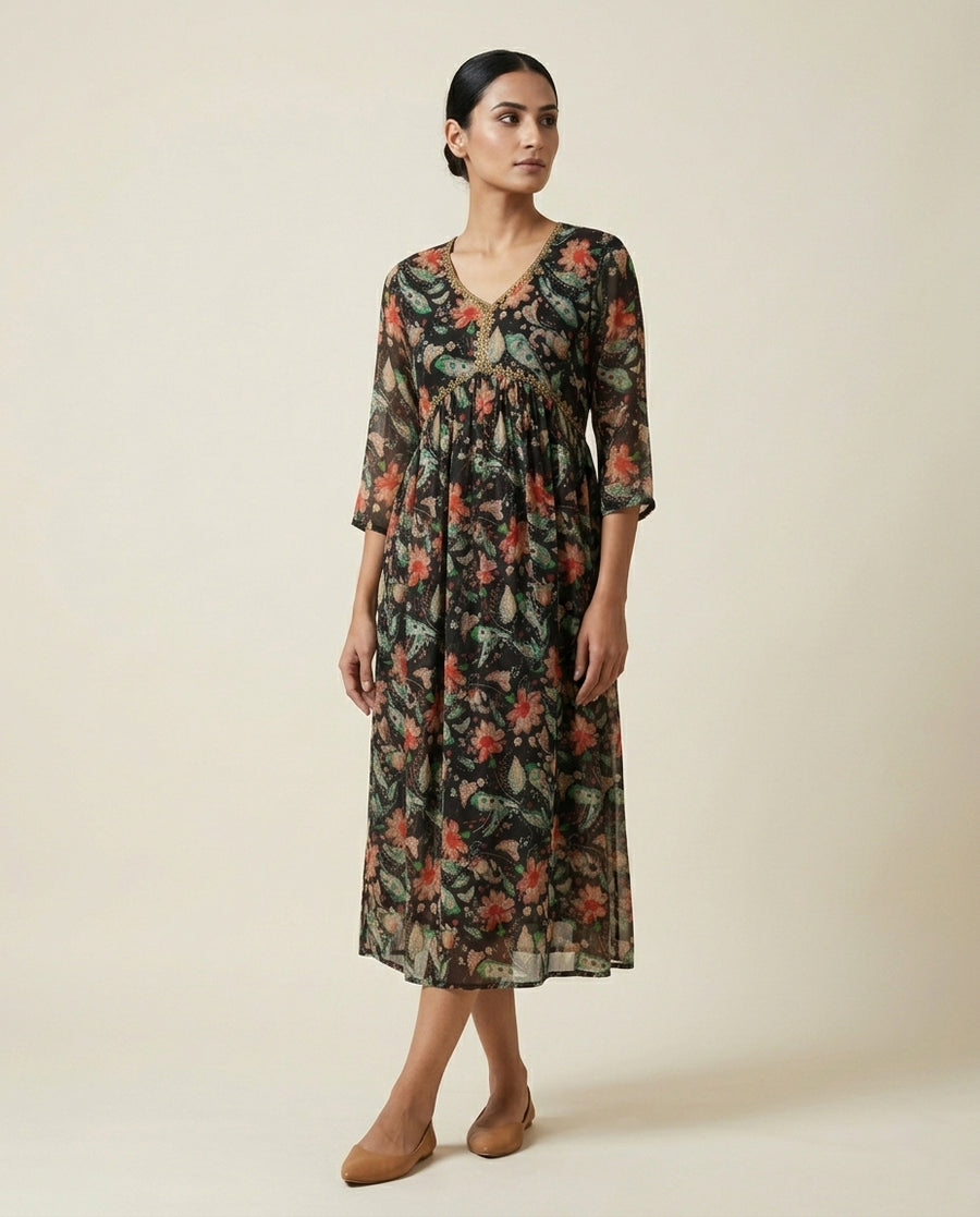Black Floral and Paisley Printed Cotton Anarkali Kurta