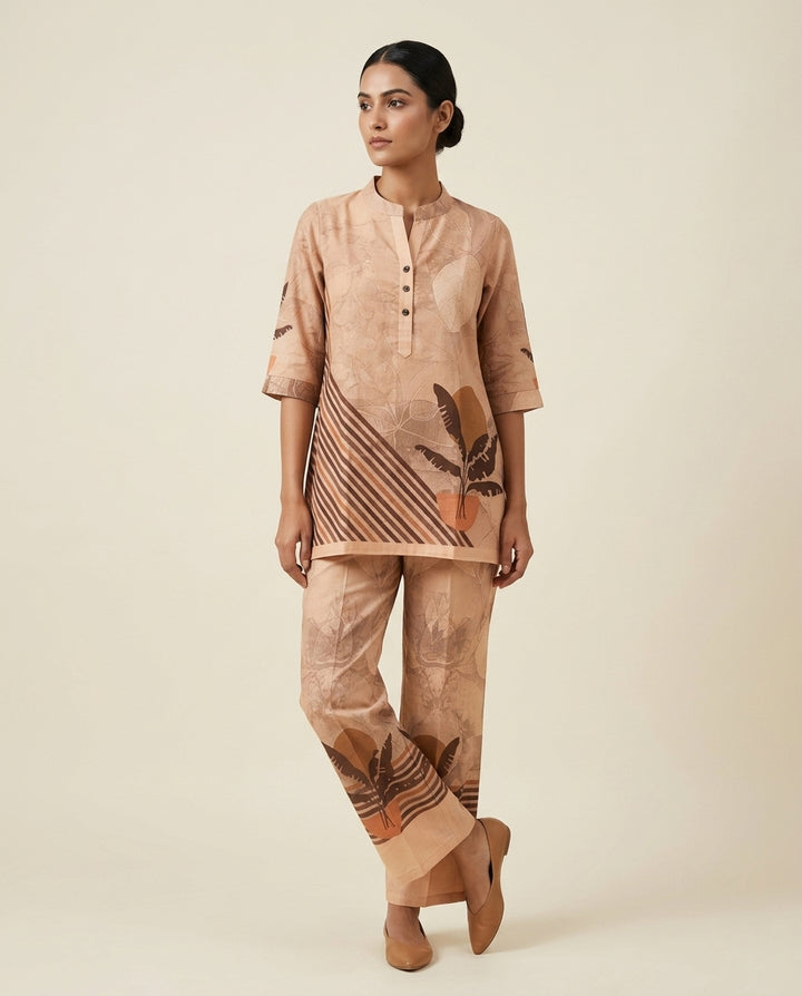 Sand Botanical Placement &amp; Striped Print Cotton Co-Ord Set