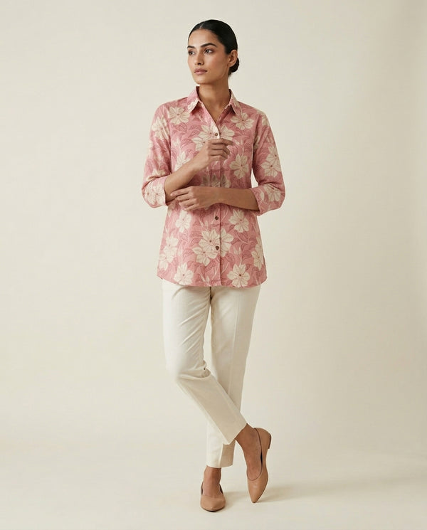 Elegant Dusty Rose Floral Shirt Tunic