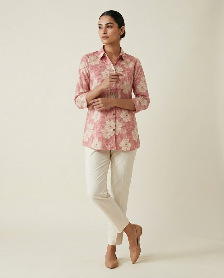 Elegant Dusty Rose Floral Shirt Tunic