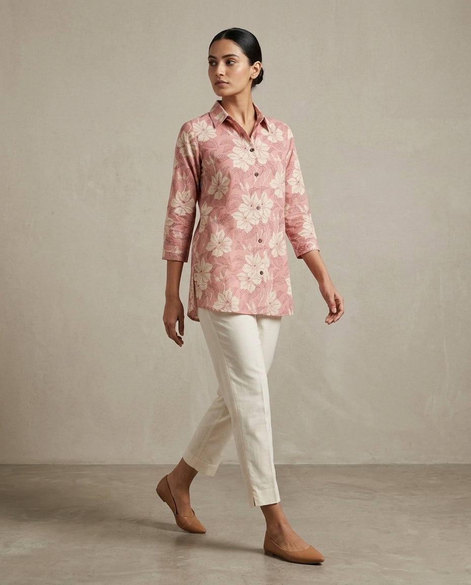 Elegant Dusty Rose Floral Shirt Tunic