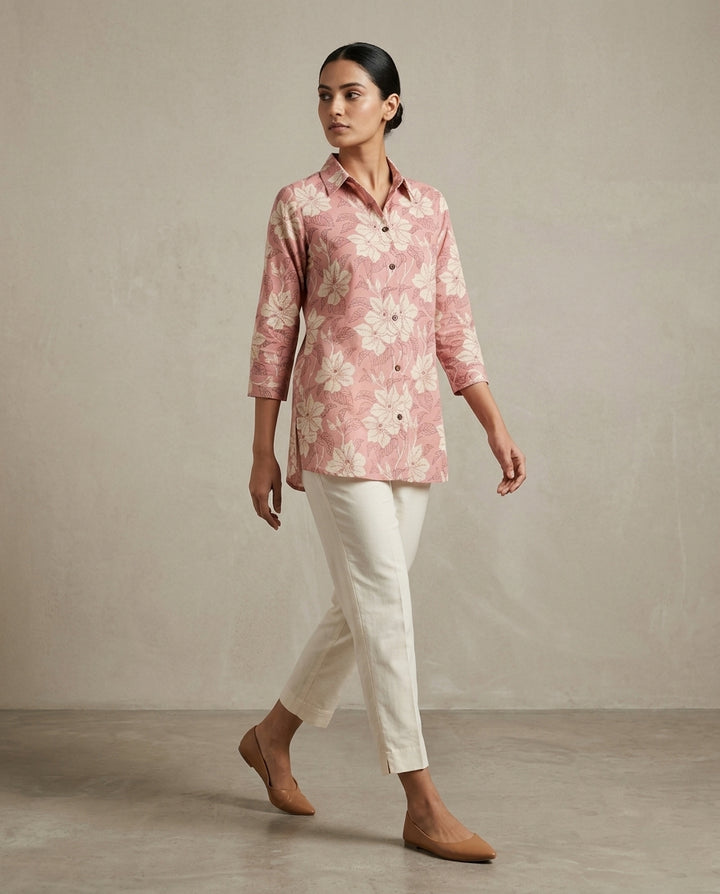 Elegant Dusty Rose Floral Shirt Tunic