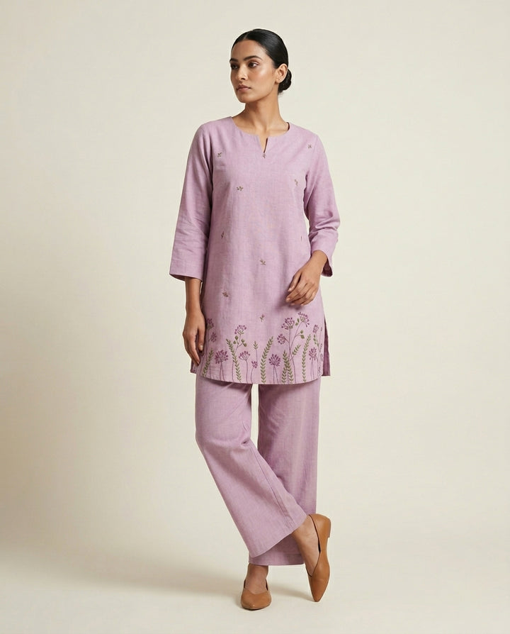 Lavender Wildflowe Floral Embroidered Linen Straight Co-ord Set