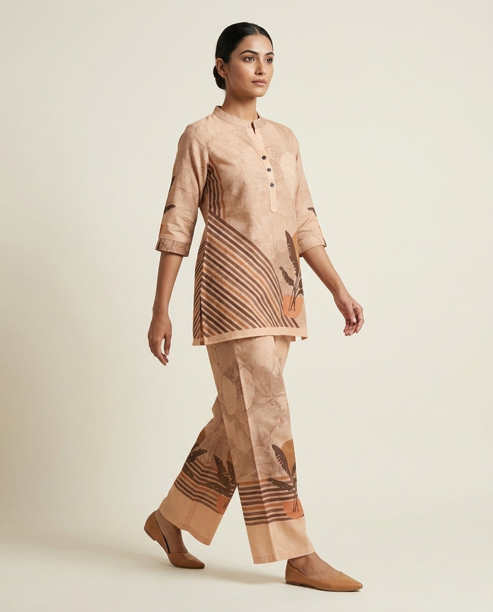 Sand Botanical Placement &amp; Striped Print Cotton Co-Ord Set