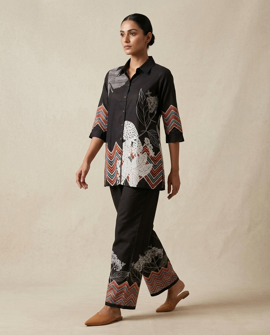 Black Geometric Zig-Zag &amp; Botanical Print Cotton Co-Ord Set