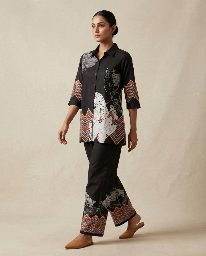 Black Geometric Zig-Zag &amp; Botanical Print Cotton Co-Ord Set