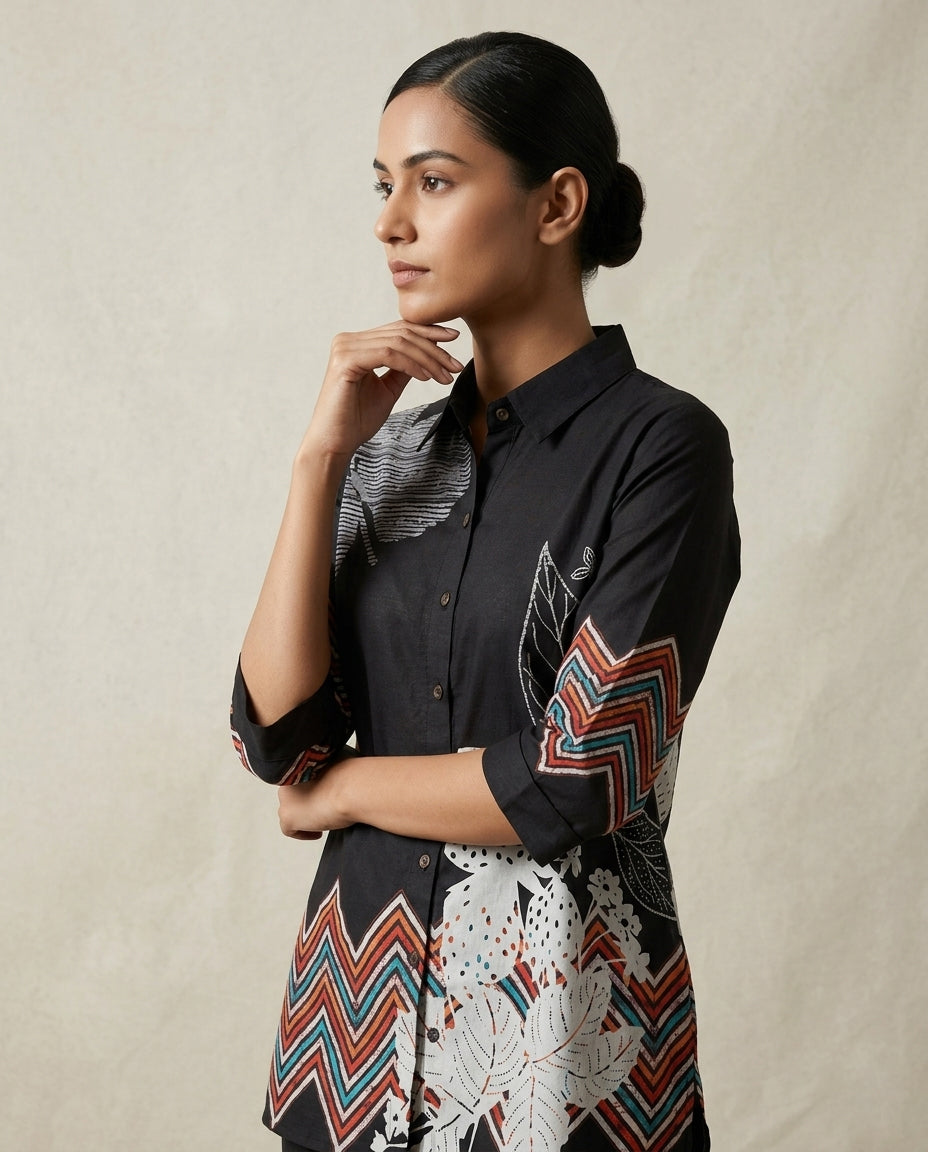 Black Geometric Zig-Zag &amp; Botanical Print Cotton Co-Ord Set