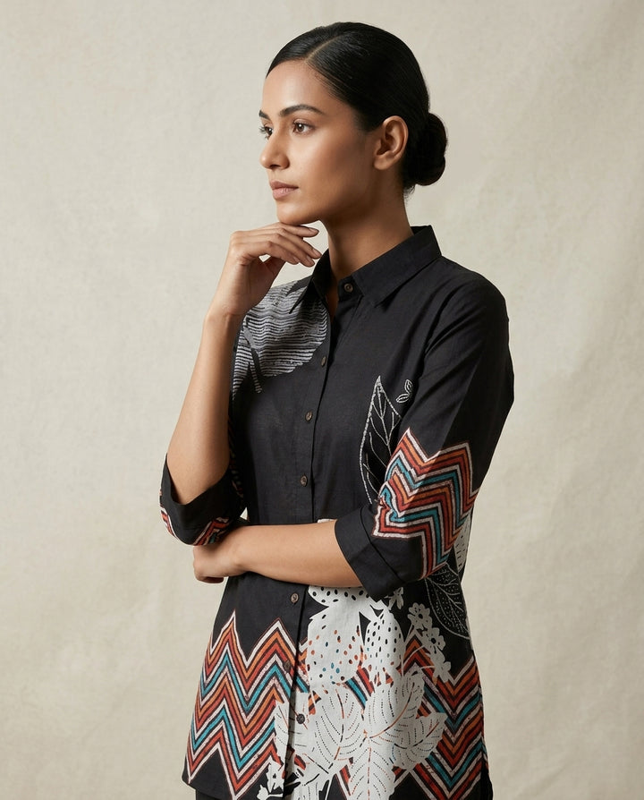 Black Geometric Zig-Zag &amp; Botanical Print Cotton Co-Ord Set
