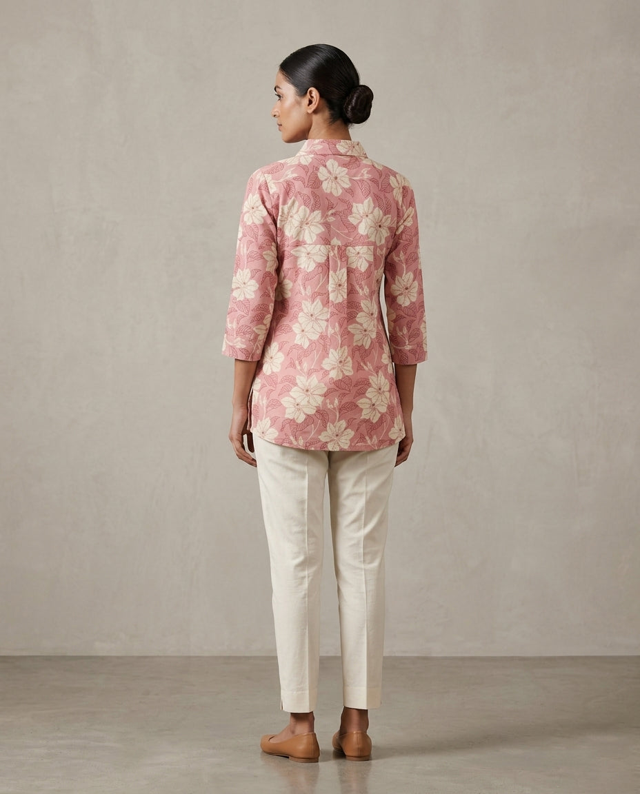 Elegant Dusty Rose Floral Shirt Tunic