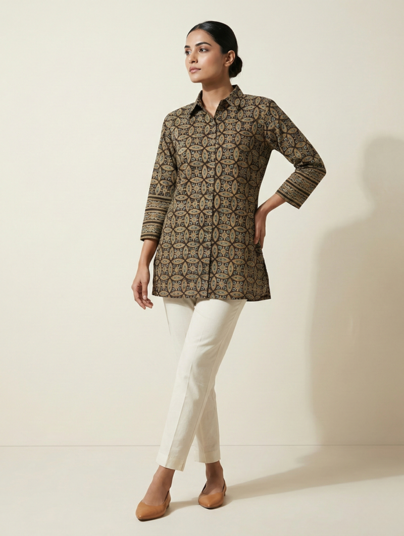 Coffee Umber Mandala-Orbit Cotton Short Tunic Shirt