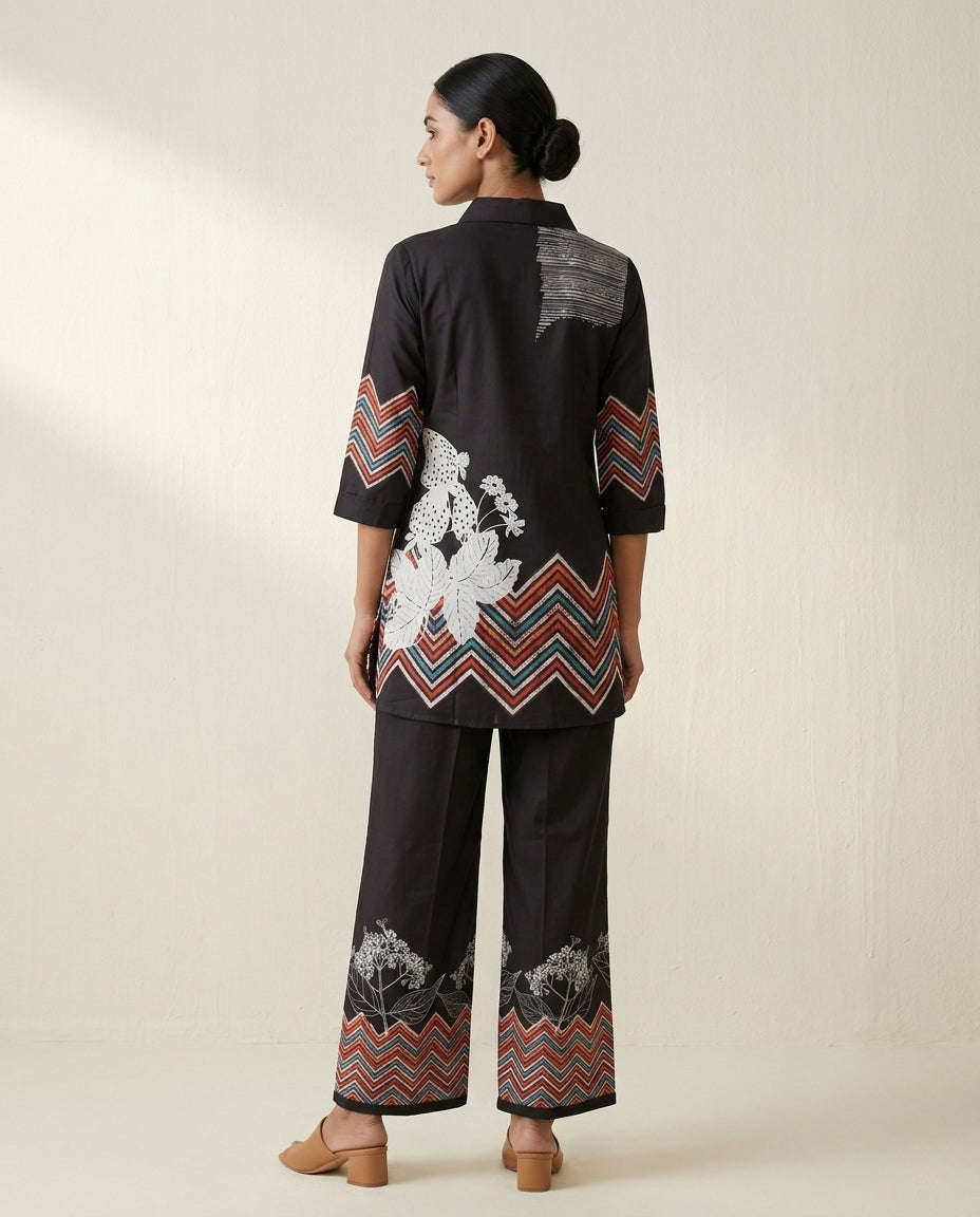 Black Geometric Zig-Zag &amp; Botanical Print Cotton Co-Ord Set