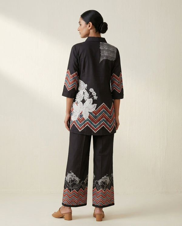 Black Geometric Zig-Zag & Botanical Print Cotton Co-Ord Set