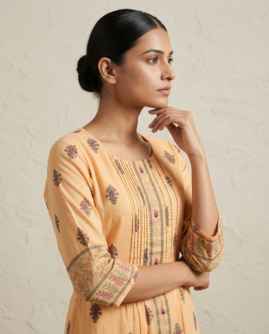 Apricot "Nectar Bloom" Embroidered Cotton Tiered Midi Dress