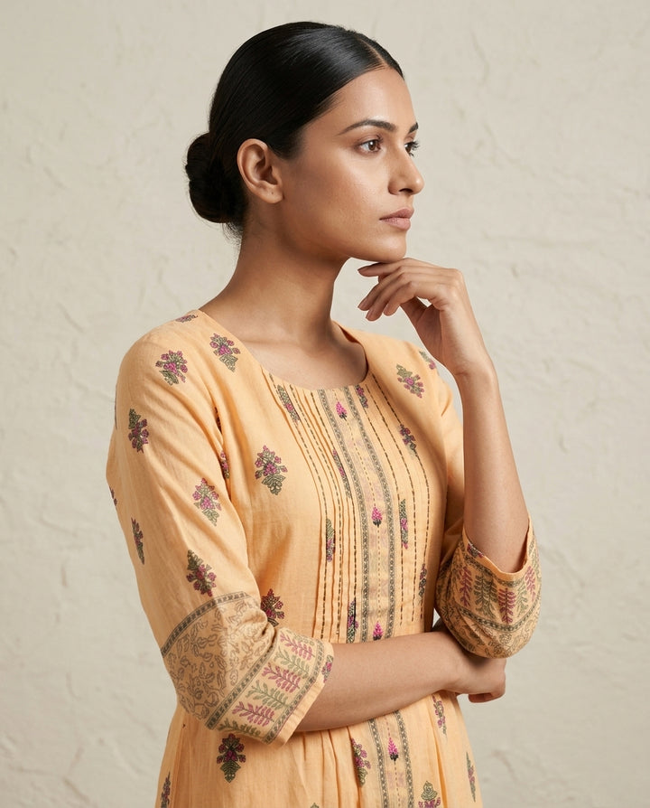 Apricot "Nectar Bloom" Embroidered Cotton Tiered Midi Dress