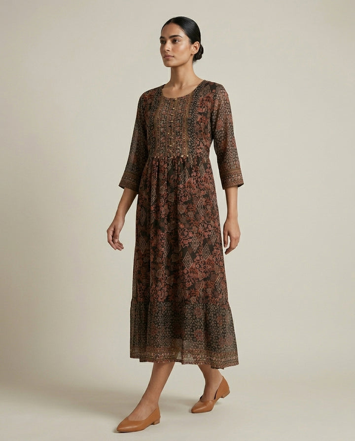 Ethereal Earth Tones: Printed Georgette Anarkali Midi Dress