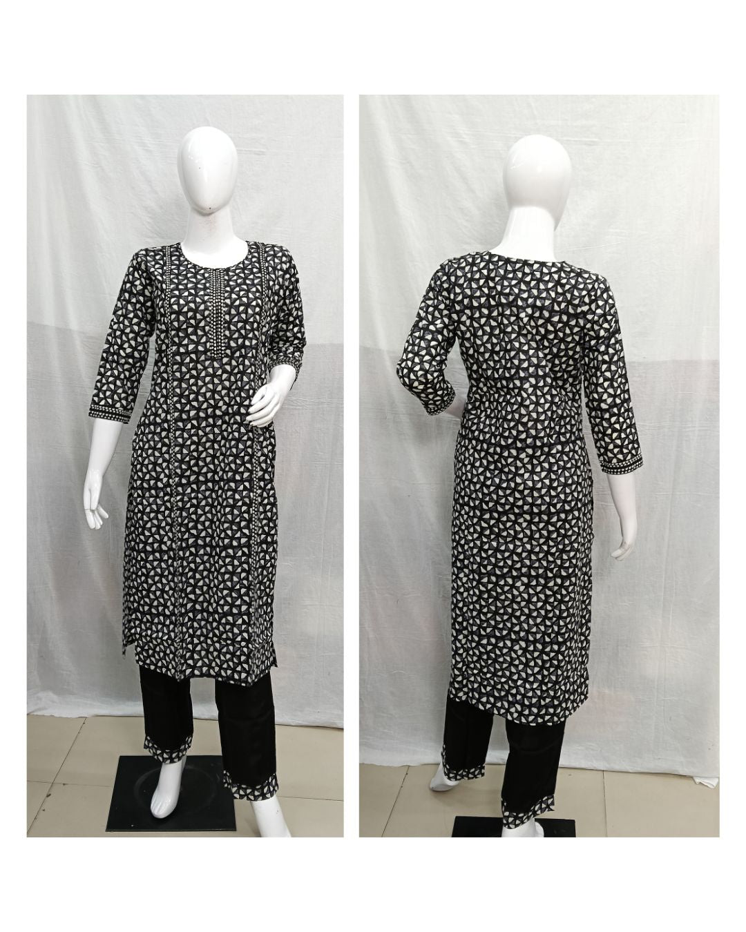 Black &amp; White Geometric Printed Cotton Straight Kurti