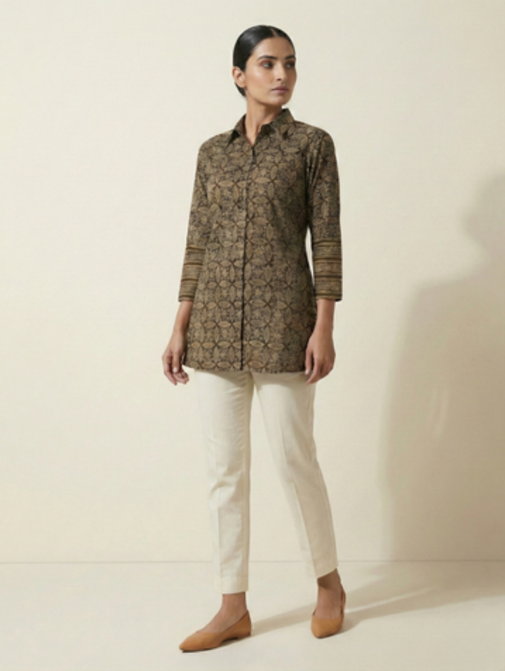Coffee Umber Mandala-Orbit Cotton Short Tunic Shirt