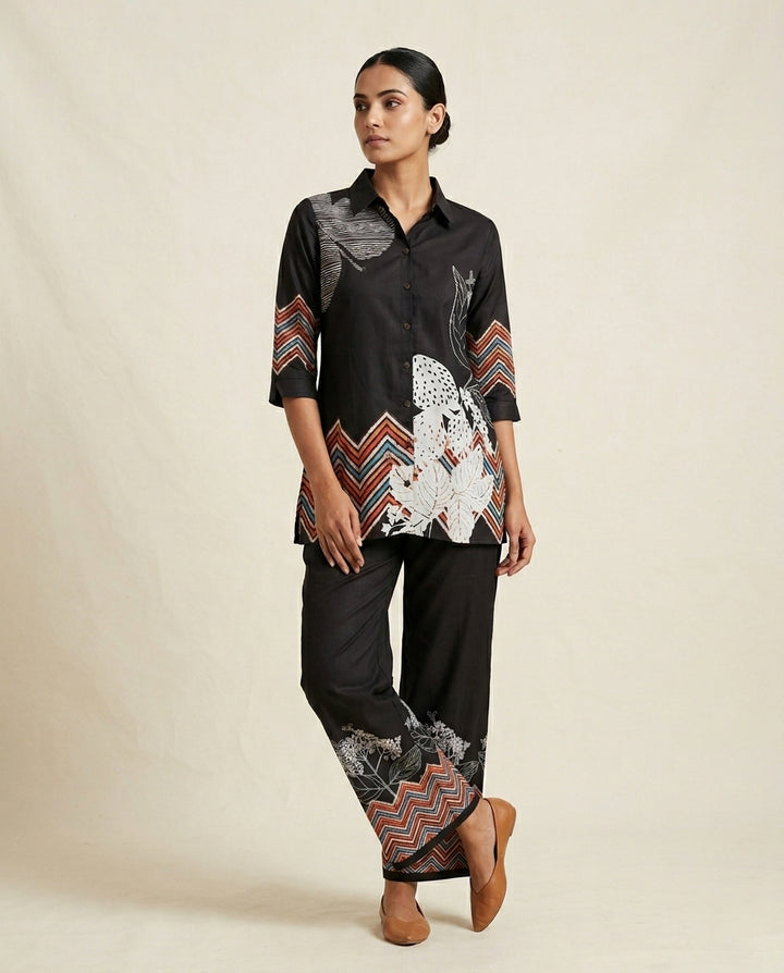 Black Geometric Zig-Zag &amp; Botanical Print Cotton Co-Ord Set