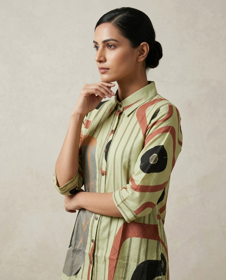 Olive Green Geometric &amp; Striped Print Cotton Co-Ord Set