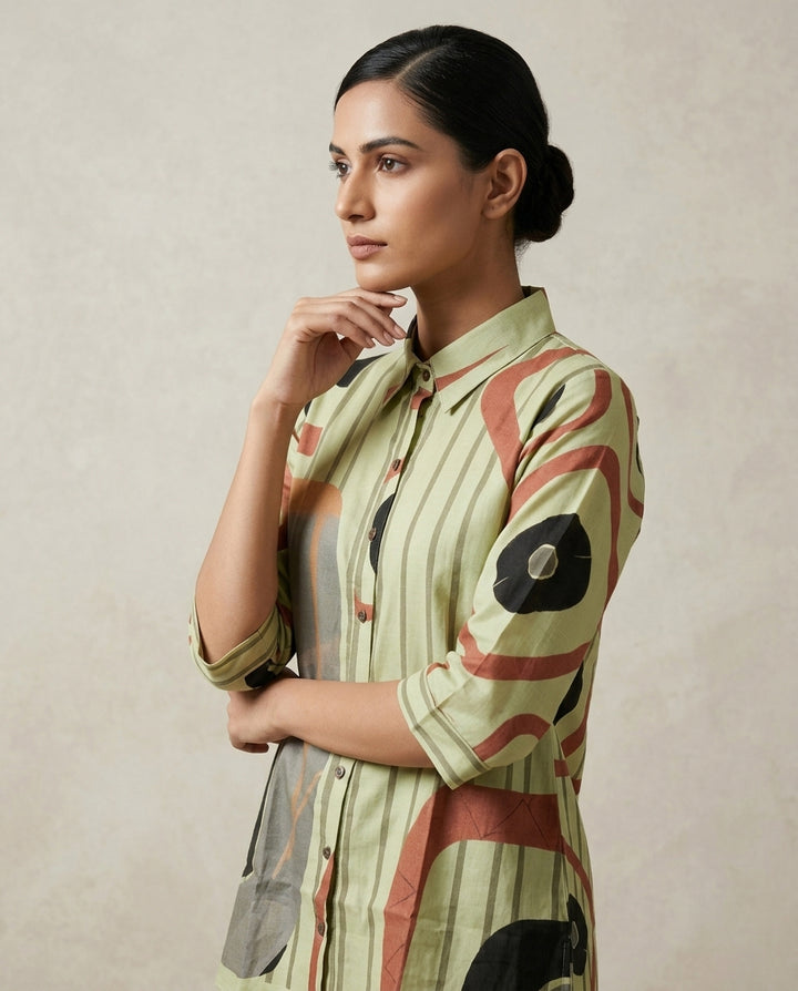 Olive Green Geometric &amp; Striped Print Cotton Co-Ord Set