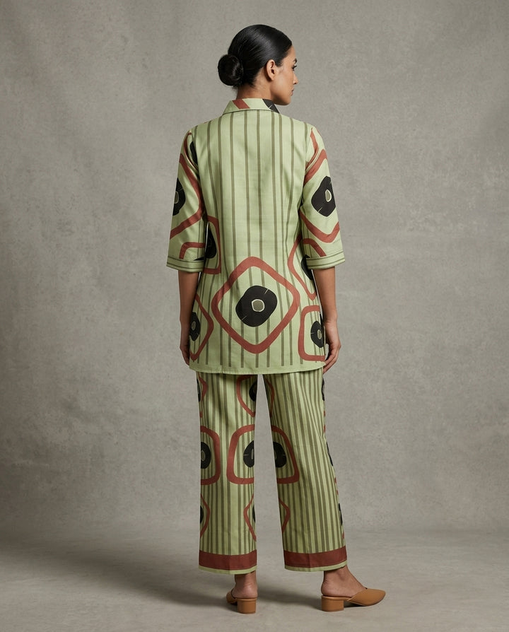 Olive Green Geometric &amp; Striped Print Cotton Co-Ord Set