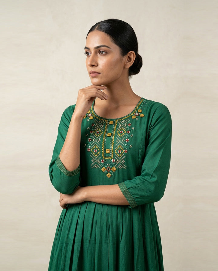 Emerald "Royal Yoke" Embroidered Muslin Midi Dress
