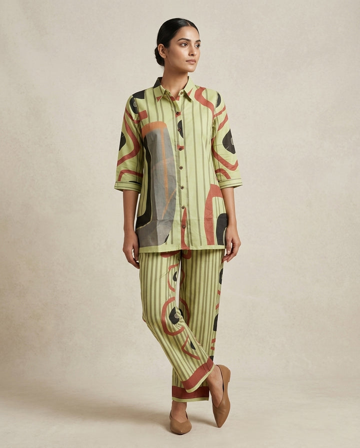 Olive Green Geometric &amp; Striped Print Cotton Co-Ord Set