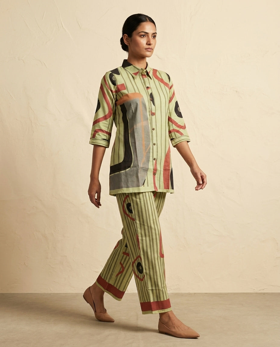 Olive Green Geometric &amp; Striped Print Cotton Co-Ord Set