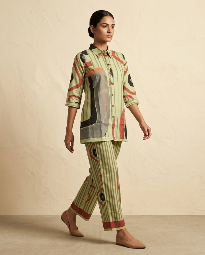 Olive Green Geometric &amp; Striped Print Cotton Co-Ord Set