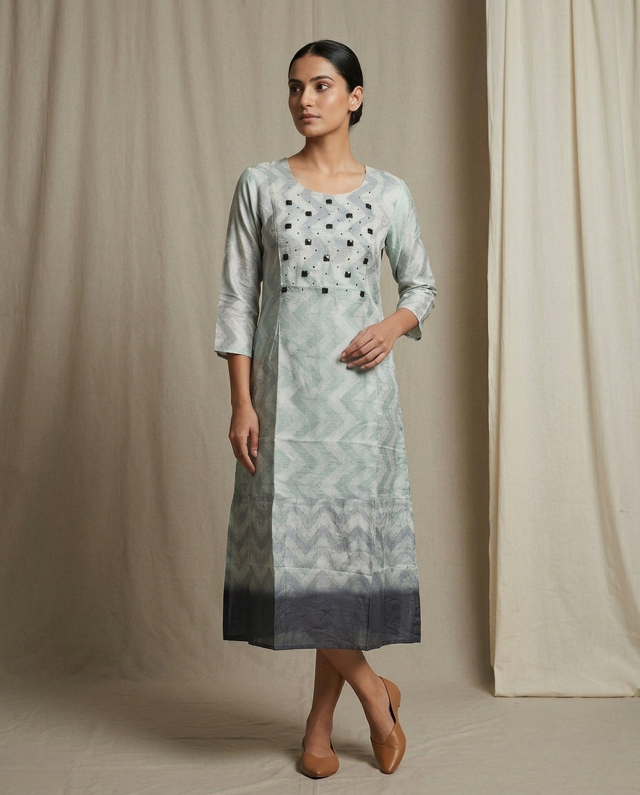 Mint Green and Grey Ombre Geometric Embellished Cotton Kurta