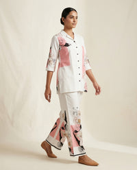 Ivory Floral Placement & Pink Geometric Block Print Cotton Co-Ord Set 2