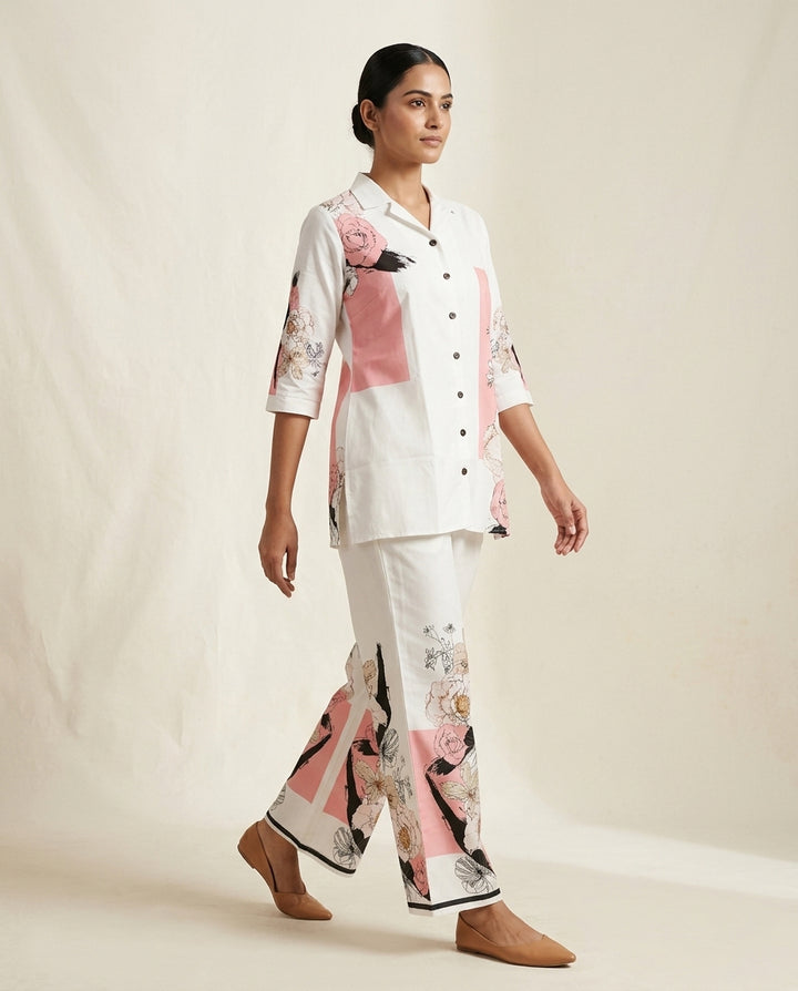 Ivory Floral Placement &amp; Pink Geometric Block Print Cotton Co-Ord Set