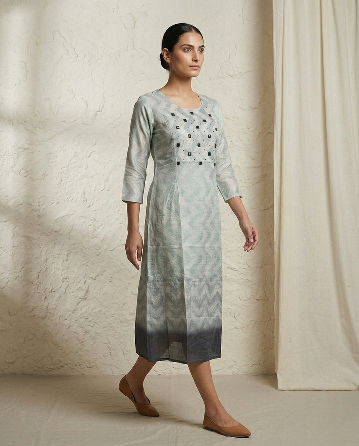 Mint Green and Grey Ombre Geometric Embellished Cotton Kurta