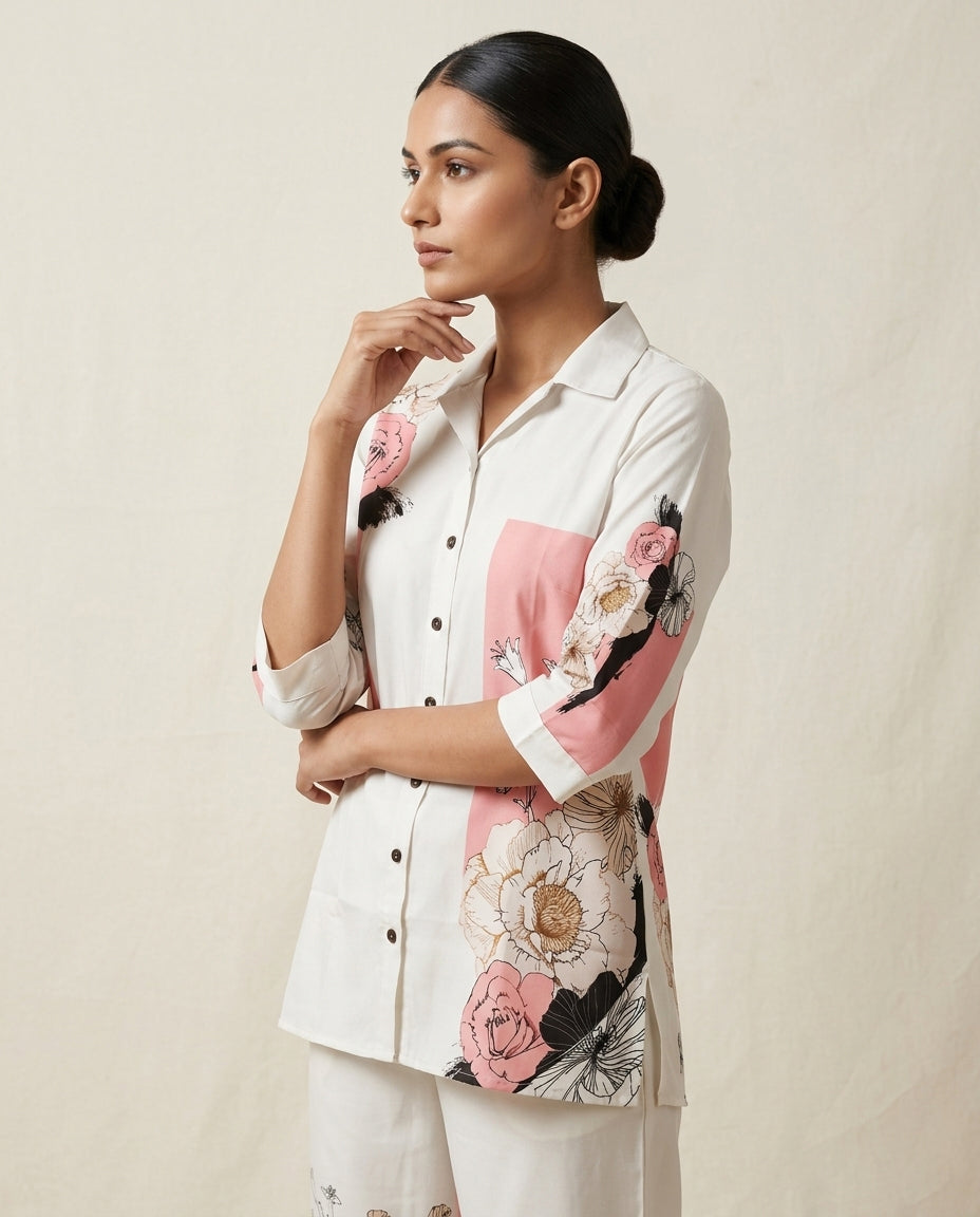 Ivory Floral Placement &amp; Pink Geometric Block Print Cotton Co-Ord Set