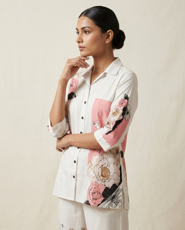Ivory Floral Placement &amp; Pink Geometric Block Print Cotton Co-Ord Set