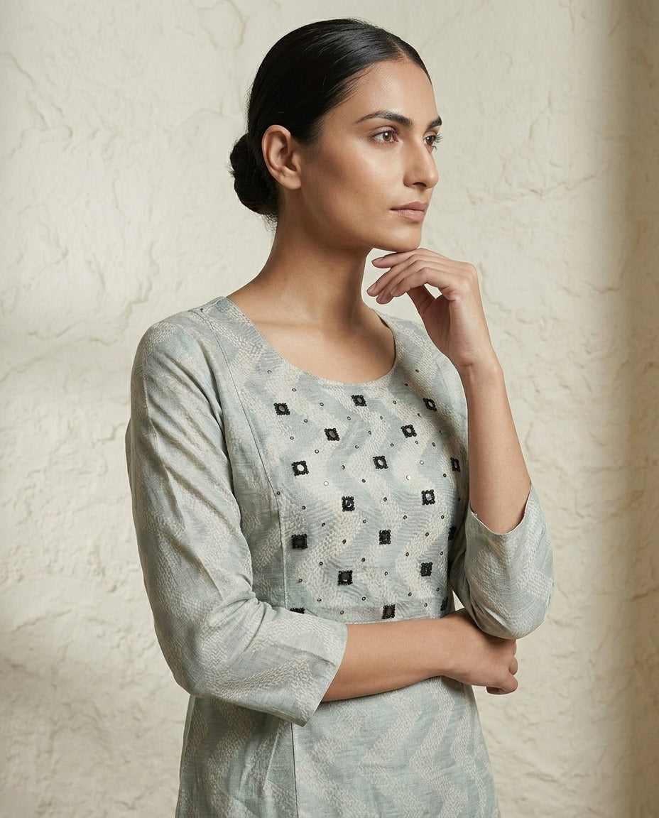 Mint Green and Grey Ombre Geometric Embellished Cotton Kurta