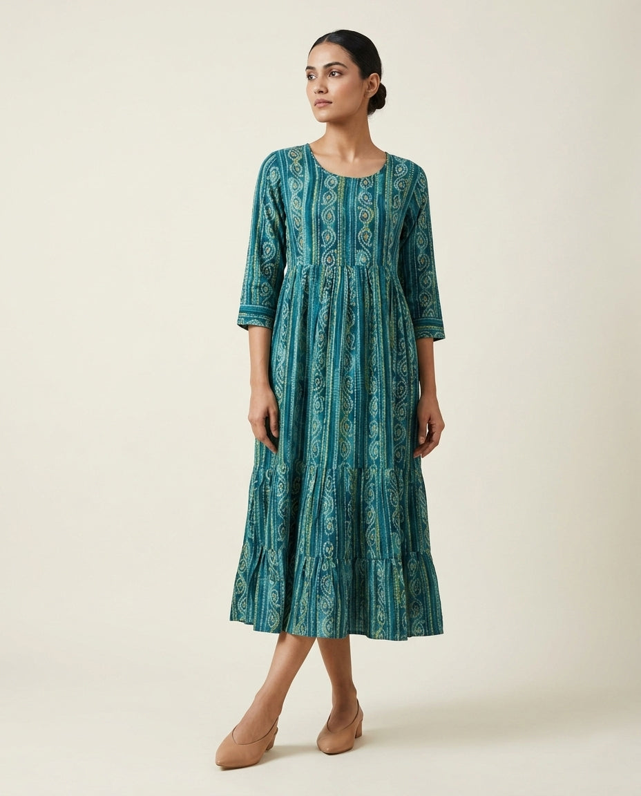Teal Vertical Ethnic Printed Tiered Cotton Anarkali Kurta