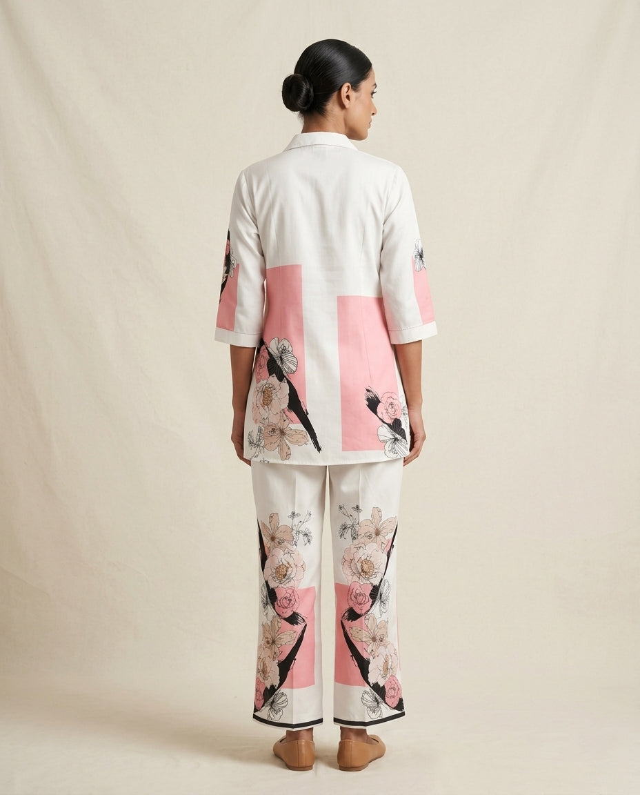 Ivory Floral Placement &amp; Pink Geometric Block Print Cotton Co-Ord Set