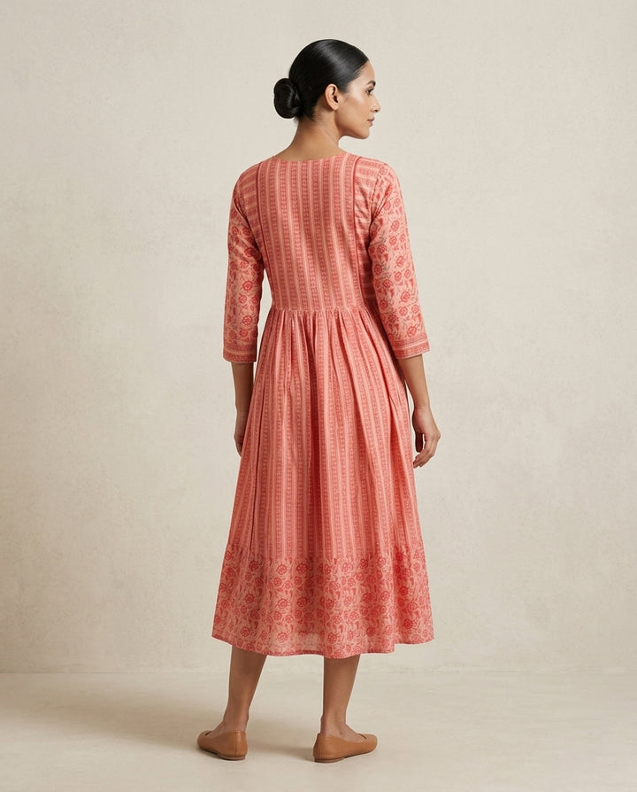 Pink "Rose Ribbon" Tassel-Detail Cotton Tiered Midi Dress