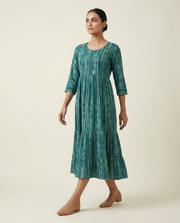 Teal Vertical Ethnic Printed Tiered Cotton Anarkali Kurta