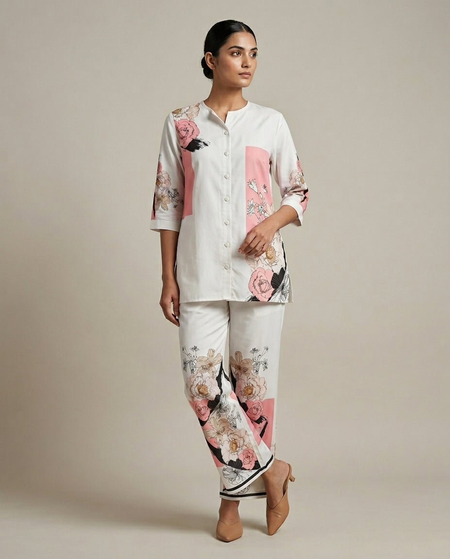 Ivory Floral Placement &amp; Pink Geometric Block Print Cotton Co-Ord Set