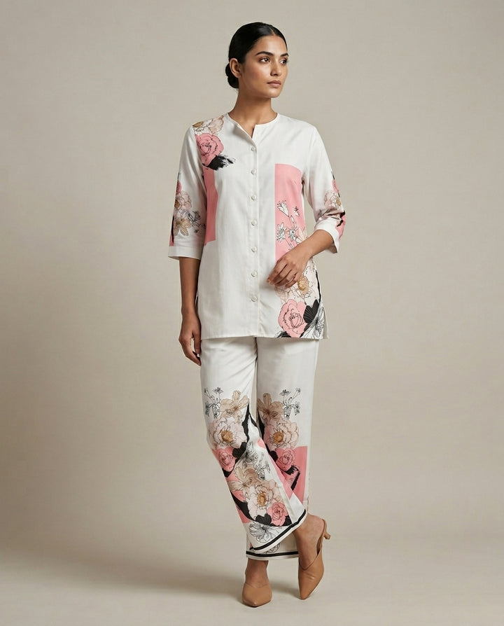 Ivory Floral Placement &amp; Pink Geometric Block Print Cotton Co-Ord Set